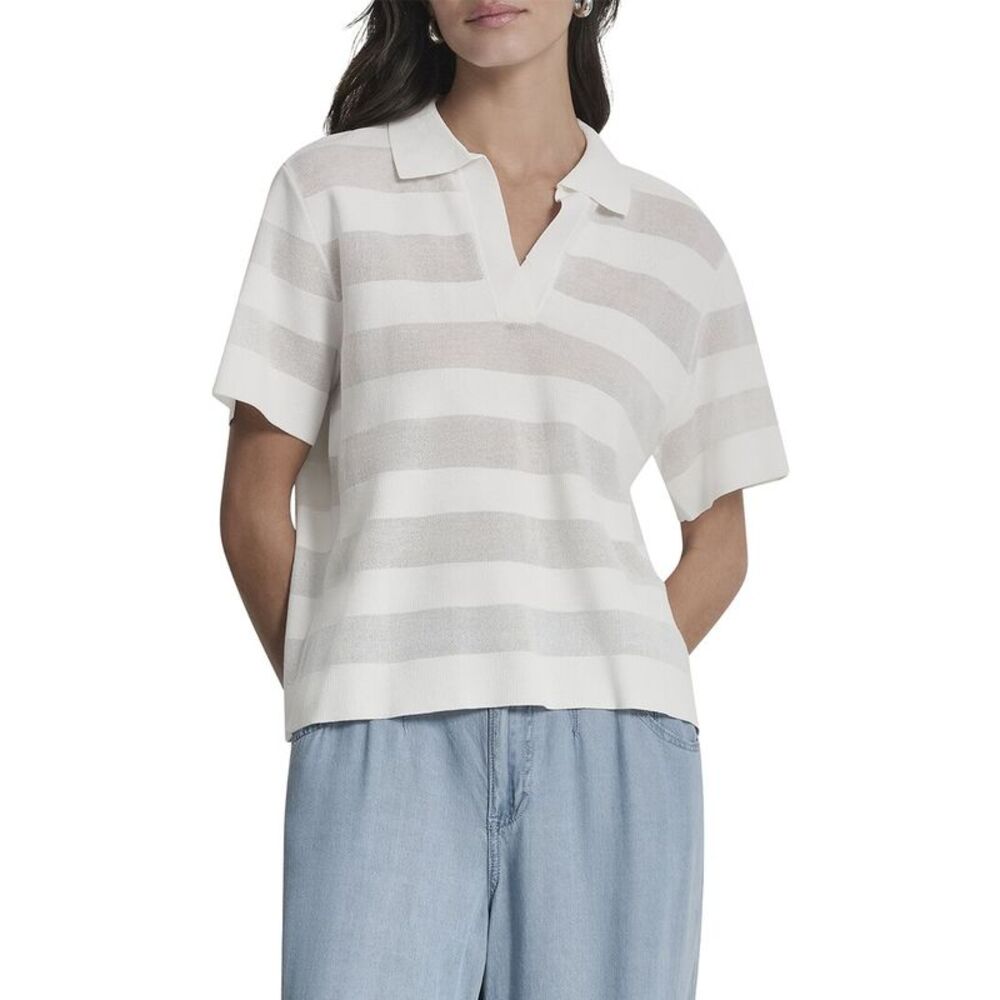Dkny Womens Sheer Striped Polo Sweater, White